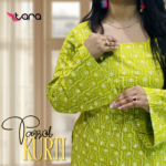 TaRa Women's Premium Cotton Hand Block Printed Butterfly Kurti - Parrot - Image 2